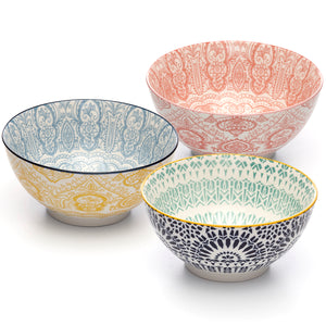 Paisley Assorted Colors Porcelain Stamped Bowls, 6 Inches, Set of 3