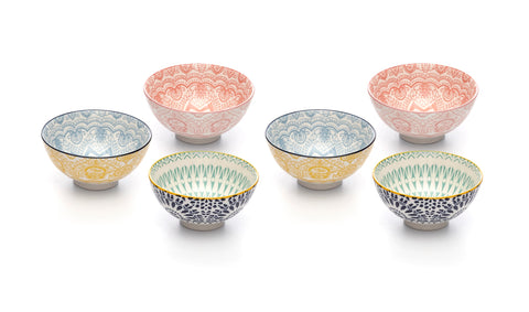 Image of Paisley Assorted Colors Porcelain Stamped Bowls, 4 Inches, Set of 6