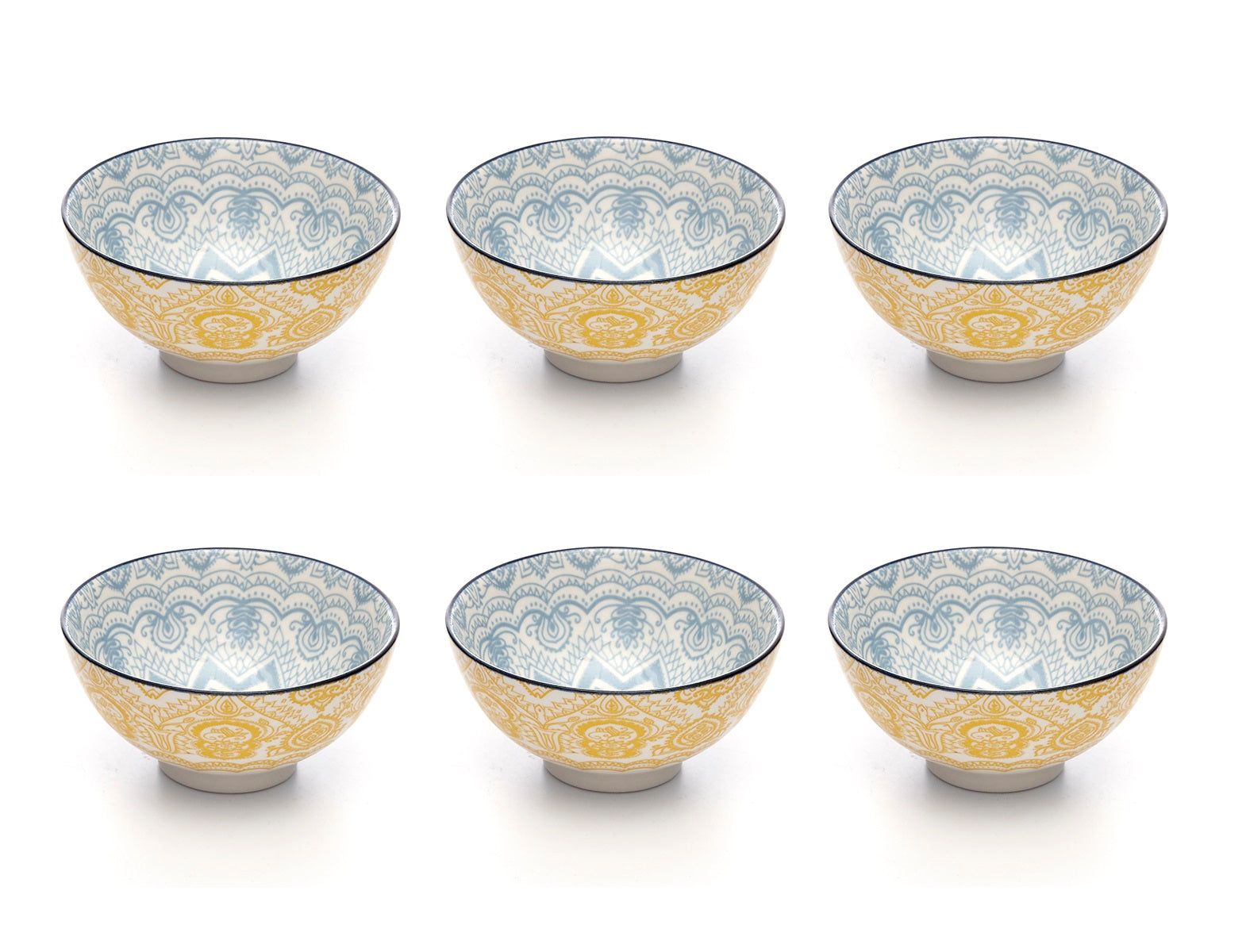 Paisley Soleil Colored Porcelain Stamped Bowls, 4 Inches, Set of 6