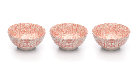Image of Paisley Fraise Colored Porcelain Stamped Bowls, 6 Inches, Set of 3