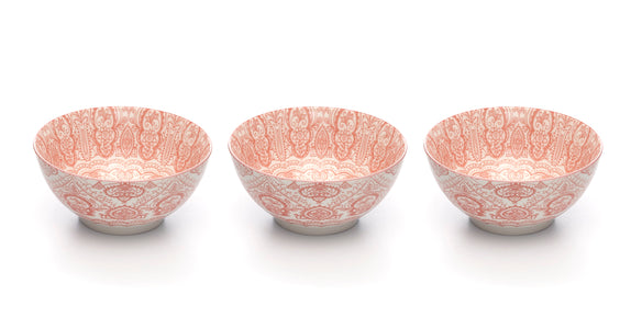Paisley Fraise Colored Porcelain Stamped Bowls, 6 Inches, Set of 3