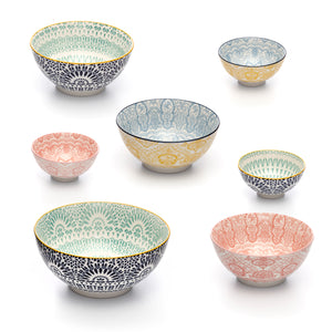 Paisley Assorted Colored Porcelain Stamped Bowls, One of Each Size and Color, Set of 7 Bowls