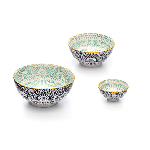 Image of Paisley Assorted Sizes Bleu Stamped Porcelain Bowls, Set of 3