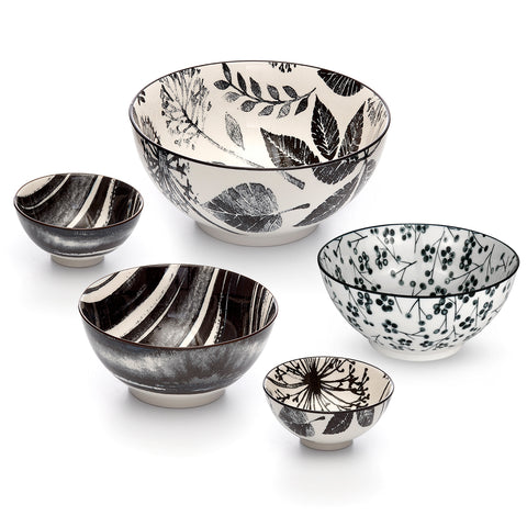 Image of Kiku Assorted Black and White Porcelain Stamped 5 Piece Bowls Set