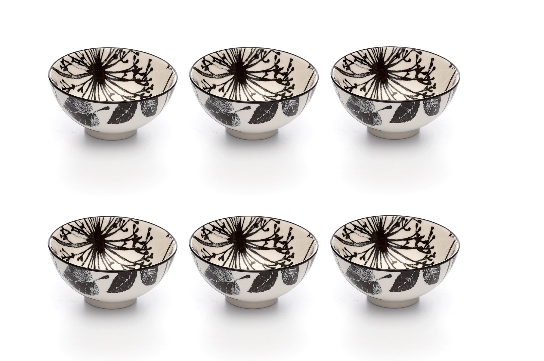 Kiku Leaves Black and White Porcelain Stamped Bowls, 4 Inches, Set of 6