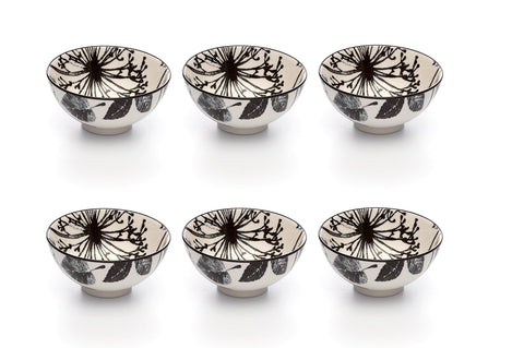 Image of Kiku Leaves Black and White Porcelain Stamped Bowls, 4 Inches, Set of 6