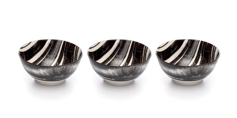 Image of Kiku Striped Black and White Porcelain Stamped Bowls, 6 Inches, Set of 3