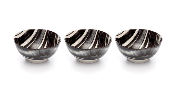 Kiku Striped Black and White Porcelain Stamped Bowls, 6 Inches, Set of 3
