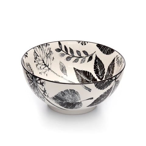 Image of Kiku Leaves Black and White Porcelain Stamped Bowl, 8 Inches