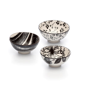 Kiku Assorted Black and White Porcelain Stamped Bowls, 4 Inches, Set of 6