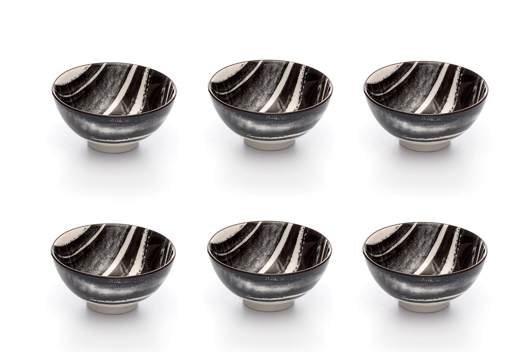 Kiku Striped Black and White Porcelain Stamped Bowls, 4 Inches, Set of 6