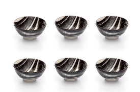 Kiku Striped Black and White Porcelain Stamped Bowls, 4 Inches, Set of 6