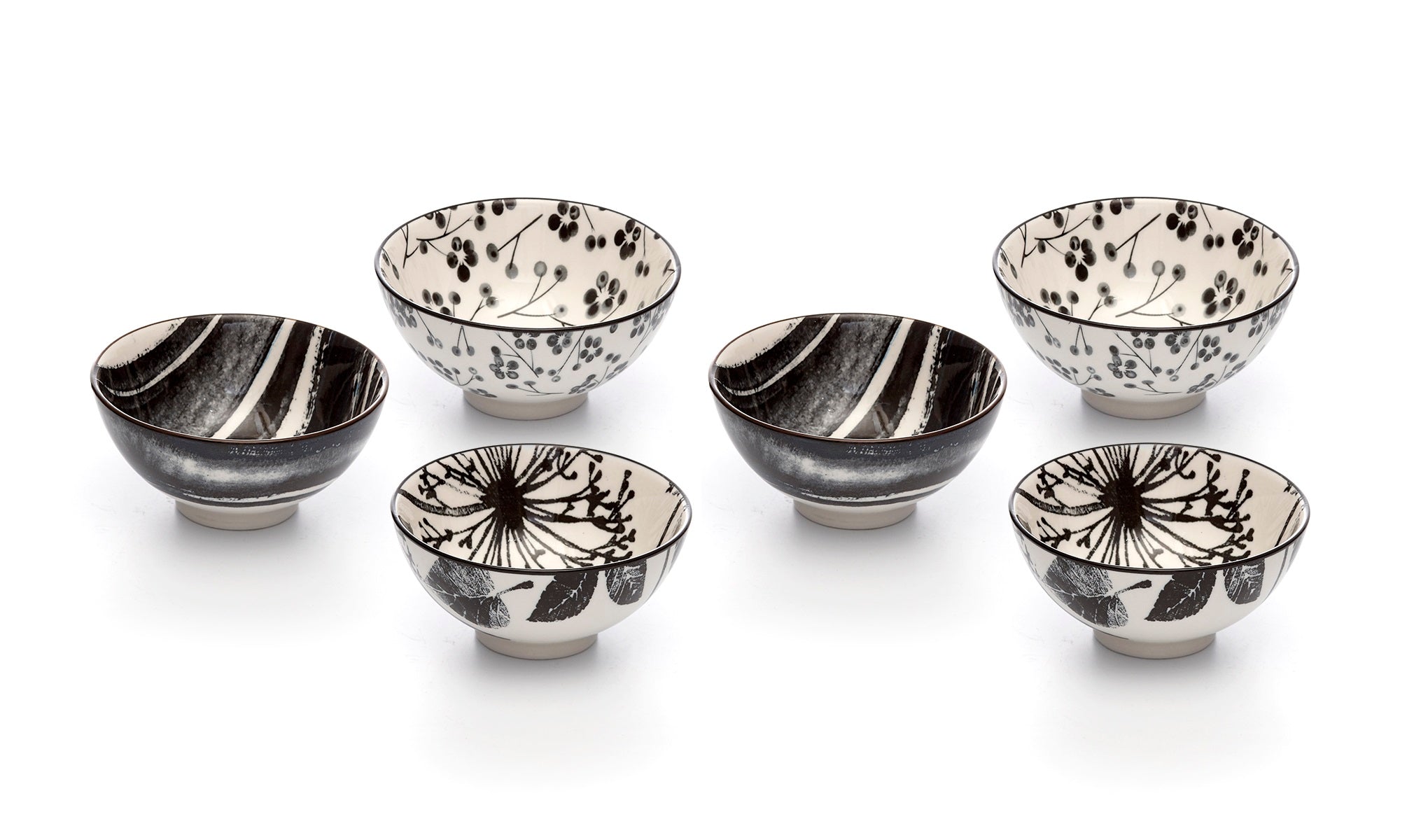 Kiku Assorted Black and White Porcelain Stamped Bowls, 4 Inches, Set of 6