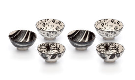 Kiku Assorted Black and White Porcelain Stamped Bowls, 4 Inches, Set of 6