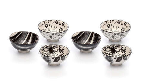 Image of Kiku Assorted Black and White Porcelain Stamped Bowls, 4 Inches, Set of 6