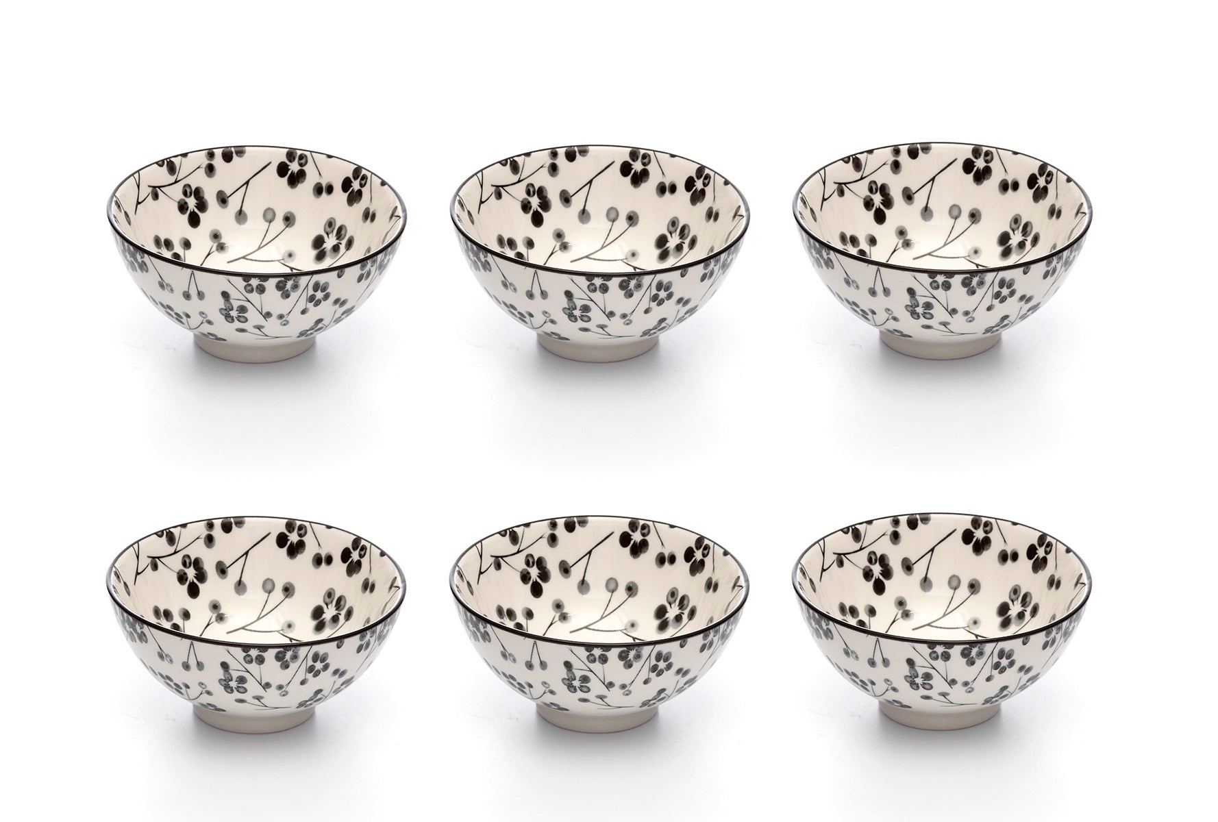 Kiku Blossom Black and White Porcelain Stamped Bowls, 4 Inches, Set of 6
