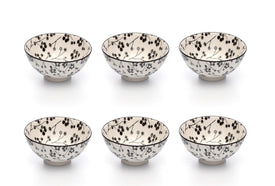 Kiku Blossom Black and White Porcelain Stamped Bowls, 4 Inches, Set of 6