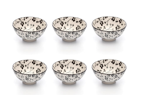 Image of Kiku Blossom Black and White Porcelain Stamped Bowls, 4 Inches, Set of 6