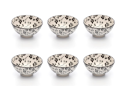 Kiku Blossom Black and White Porcelain Stamped Bowls, 4 Inches, Set of 6