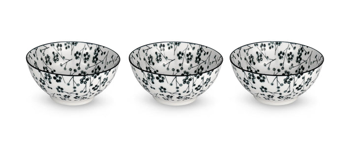 Kiku Blossom Black and White Porcelain Stamped Bowls, 6 Inches, Set of 3