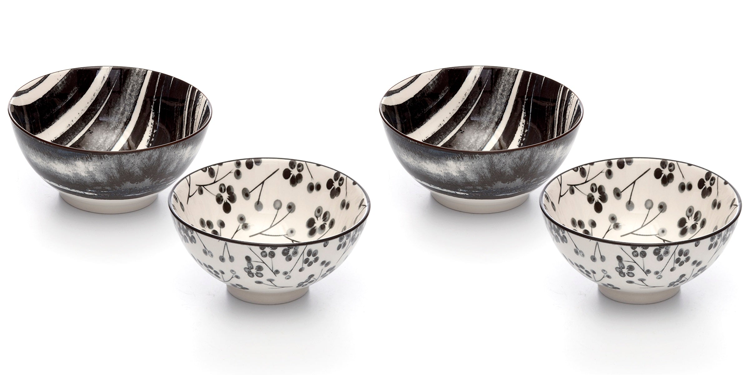 Kiku Assorted Black and White Porcelain Stamped Bowls, 6 Inches, Set of 4