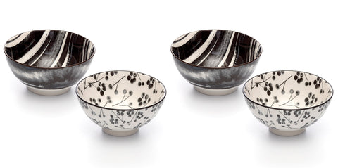 Image of Kiku Assorted Black and White Porcelain Stamped Bowls, 6 Inches, Set of 4