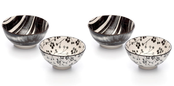 Kiku Assorted Black and White Porcelain Stamped Bowls, 6 Inches, Set of 4