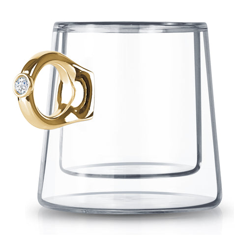 Image of Double Wall Tiffany Diamond Ring Mug with Gold Ring Handle 9 Ounces, Set of 2