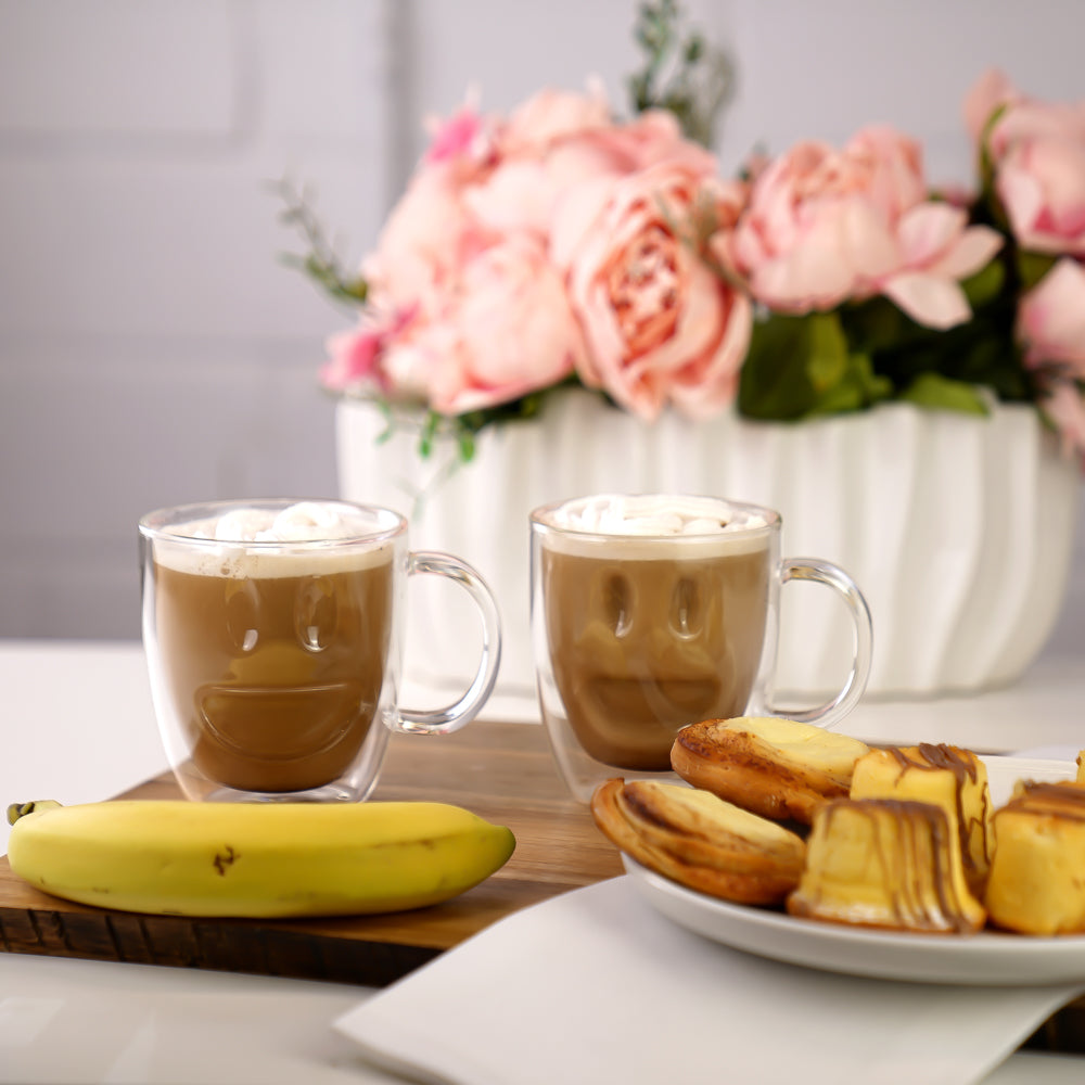 Double Wall Smiley Face Mugs Clear, Set of 2, 11.5 Ounces