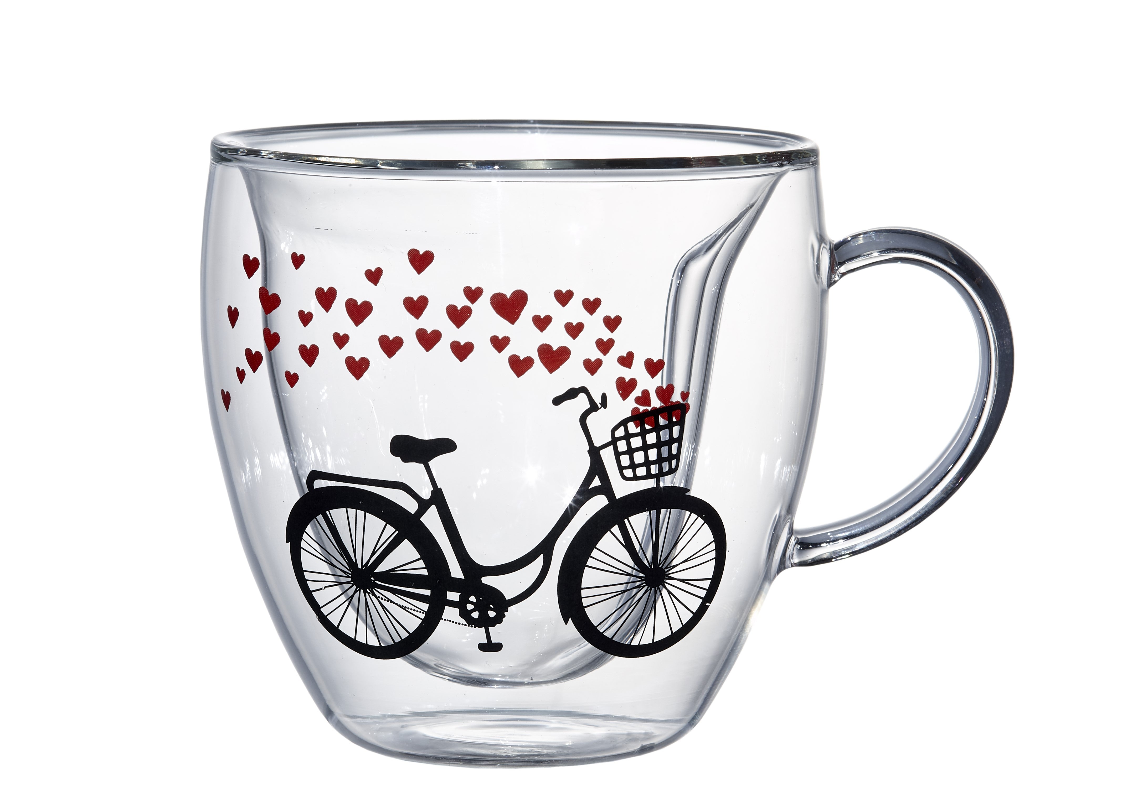 Double Wall Sweet Heart Shaped Glass Coffee Mug 8.5 Ounces, Set of 2