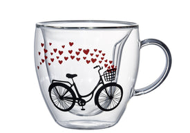 Double Wall Sweet Heart Shaped Glass Coffee Mug 8.5 Ounces, Set of 2