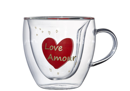 Double Wall Amour Heart Coffee Mug 8.5 Ounces, Set of 2