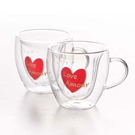 Double Wall Amour Heart Coffee Mug 8.5 Ounces, Set of 2