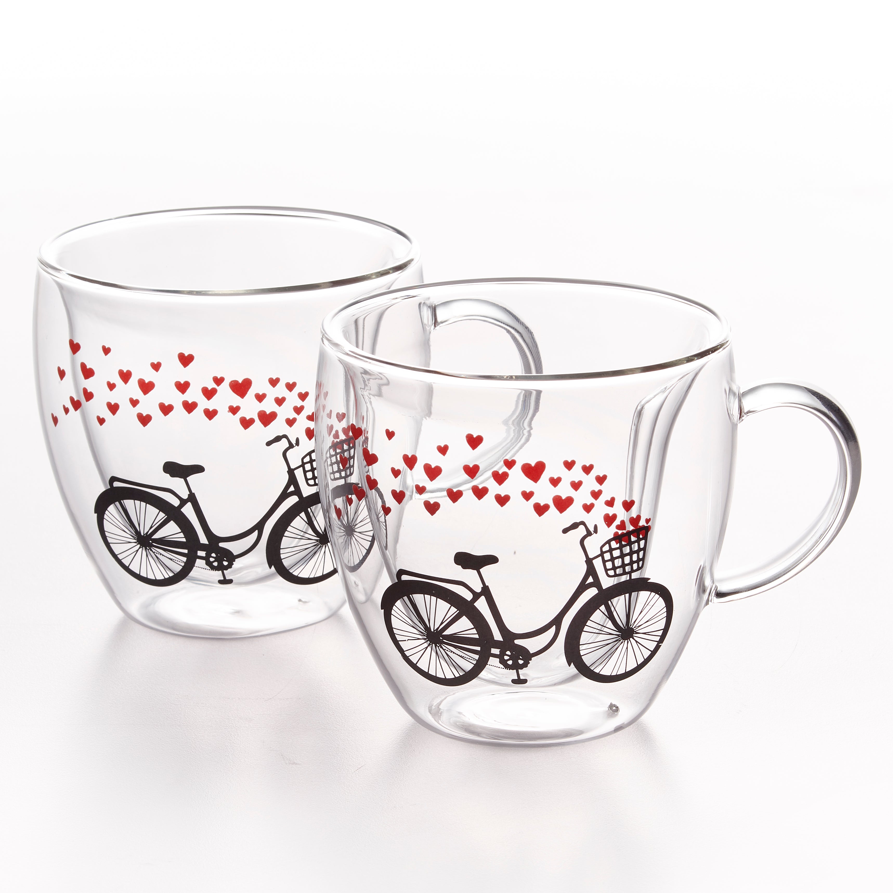 Double Wall Sweet Heart Shaped Glass Coffee Mug 8.5 Ounces, Set of 2